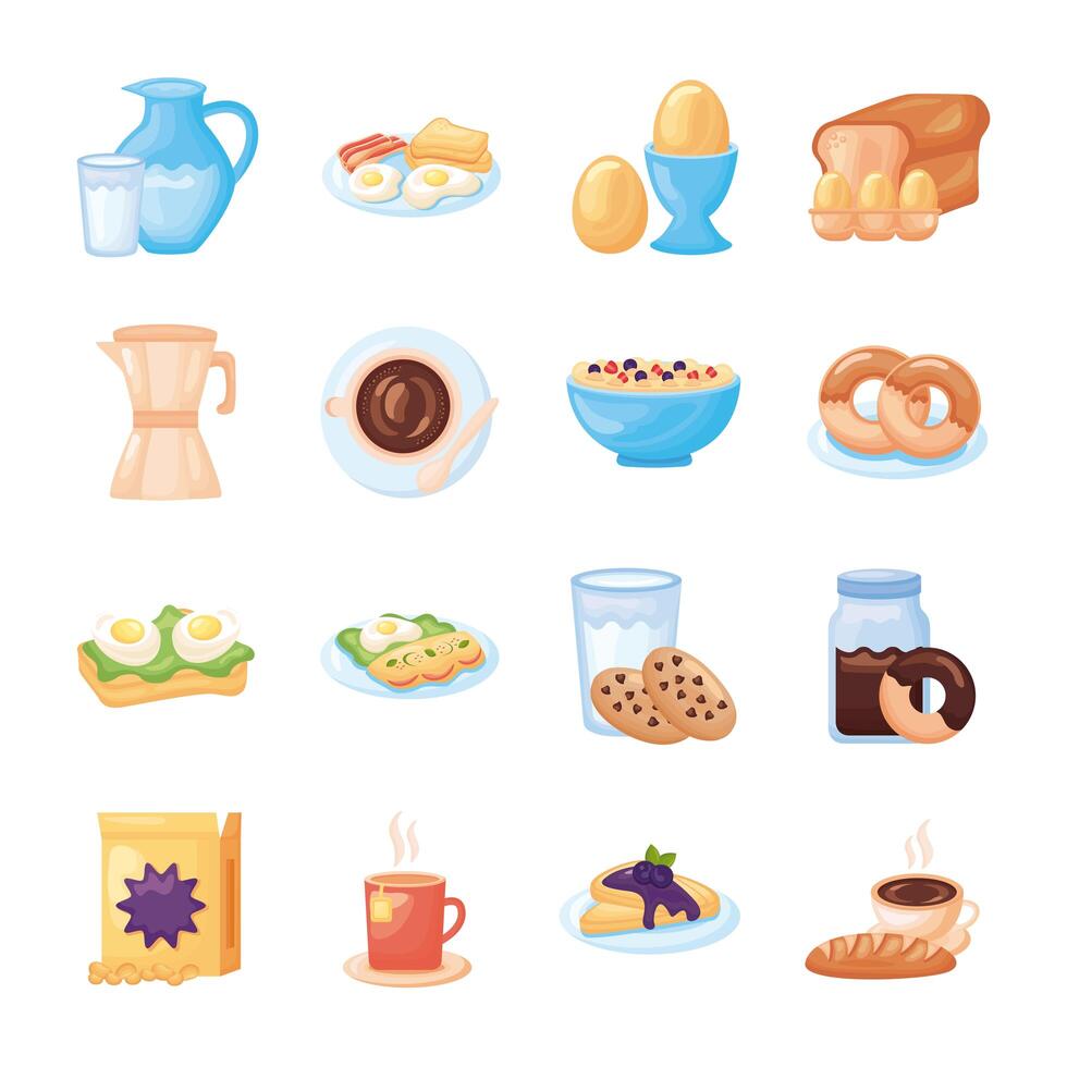 bundle of breakfast food set icons vector