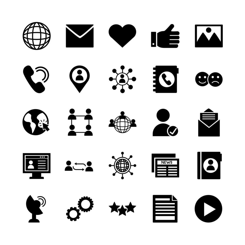 veinticinco iconos de colección de conjunto de marketing en redes sociales vector