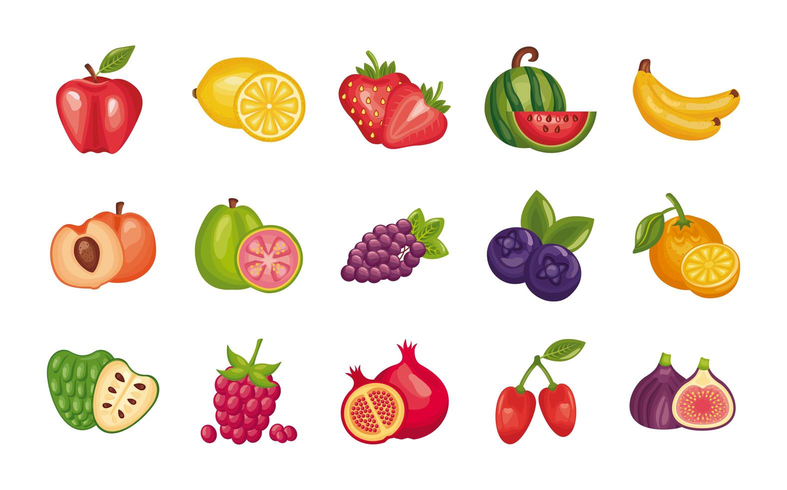 paquete de frutas frescas establecer iconos vector