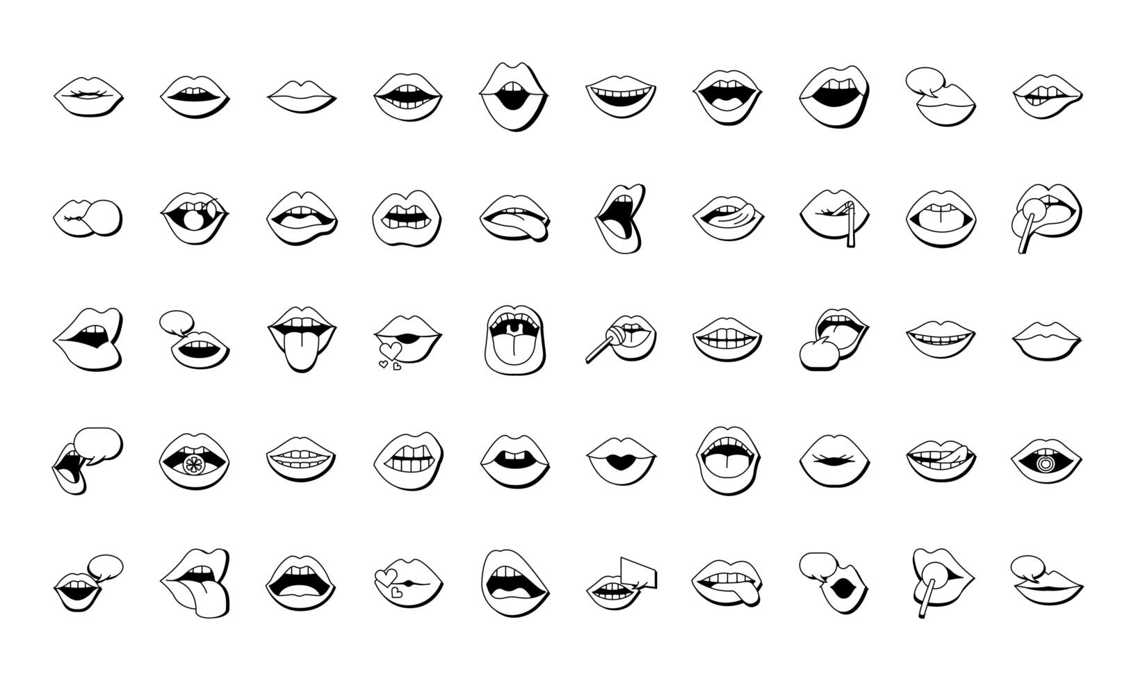 paquete de cincuenta bocas y labios set iconos vector