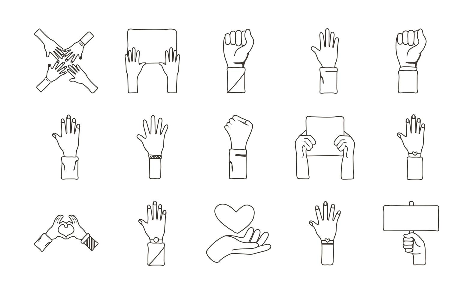 bundle of fifteen hands protest set icons vector