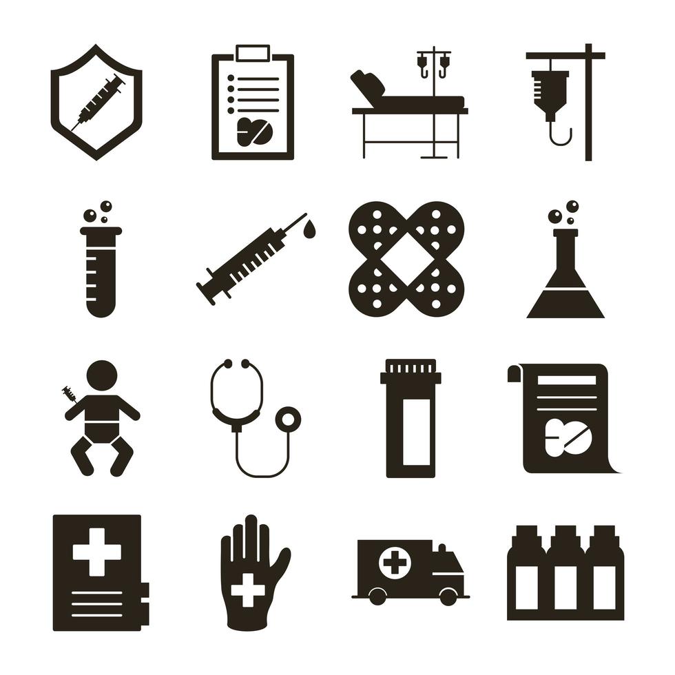 bundle of sixteen medical set collection icons vector