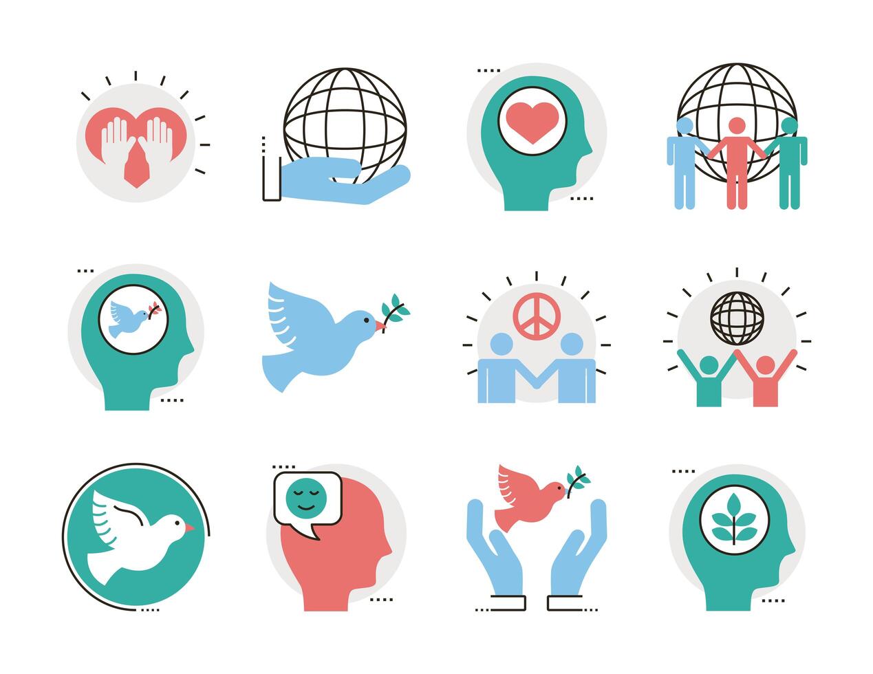 bundle of twelve peace set line and fill style icons vector