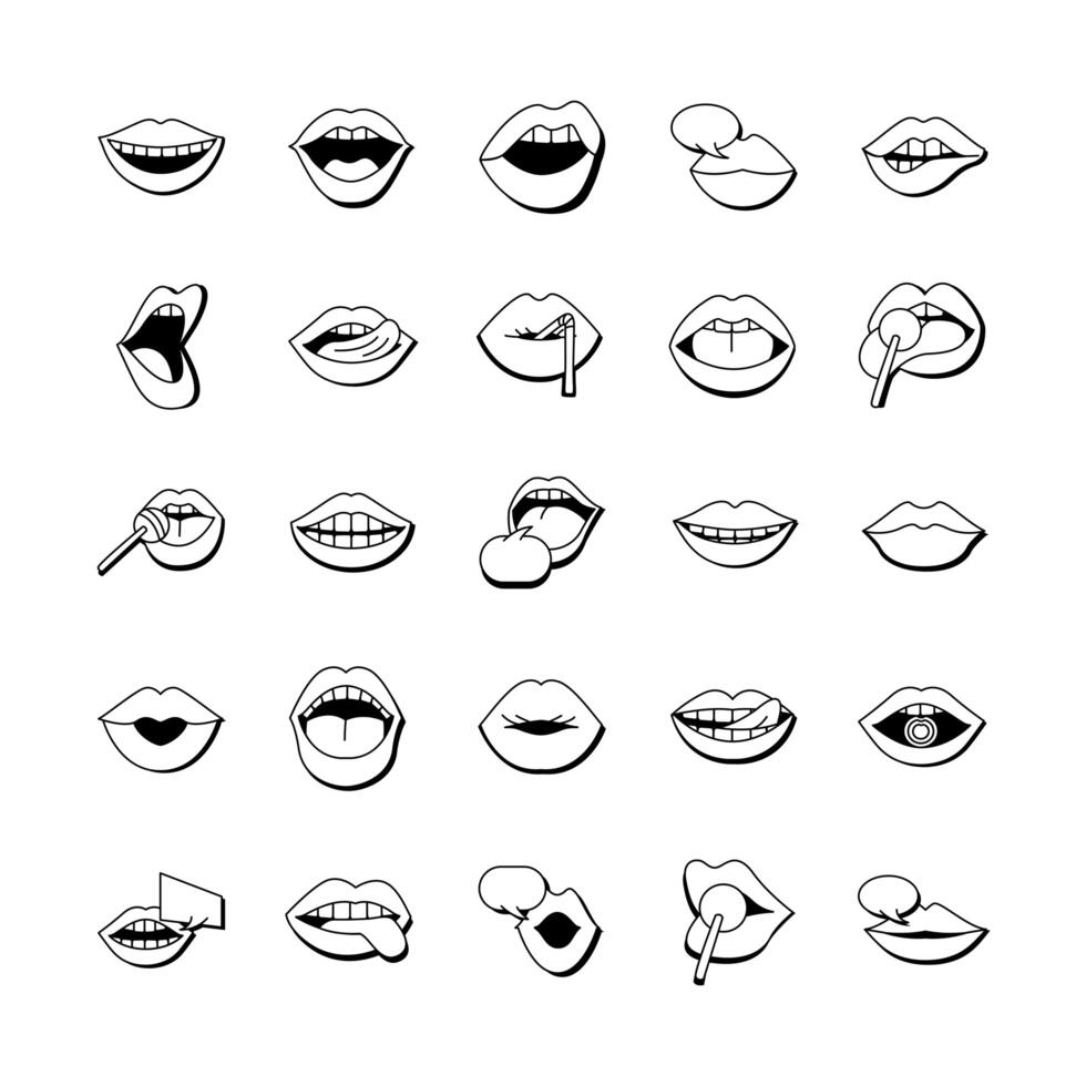 bundle of twenty five mouths and lips set icons in orange background vector