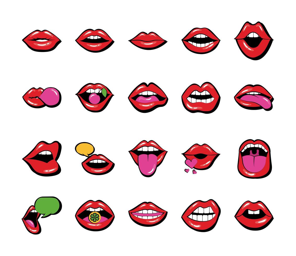 bundle of twenty mouths and lips set icons vector