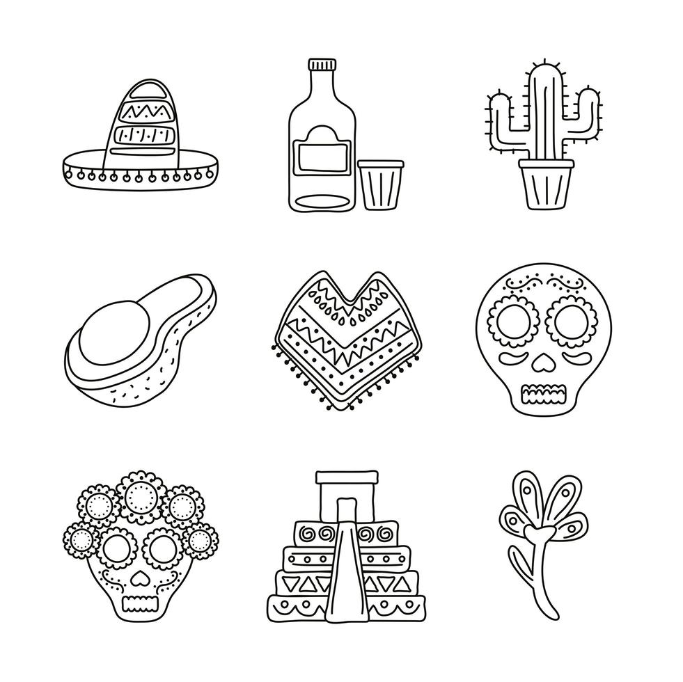 bundle of nine mexican ethnicity set icons vector