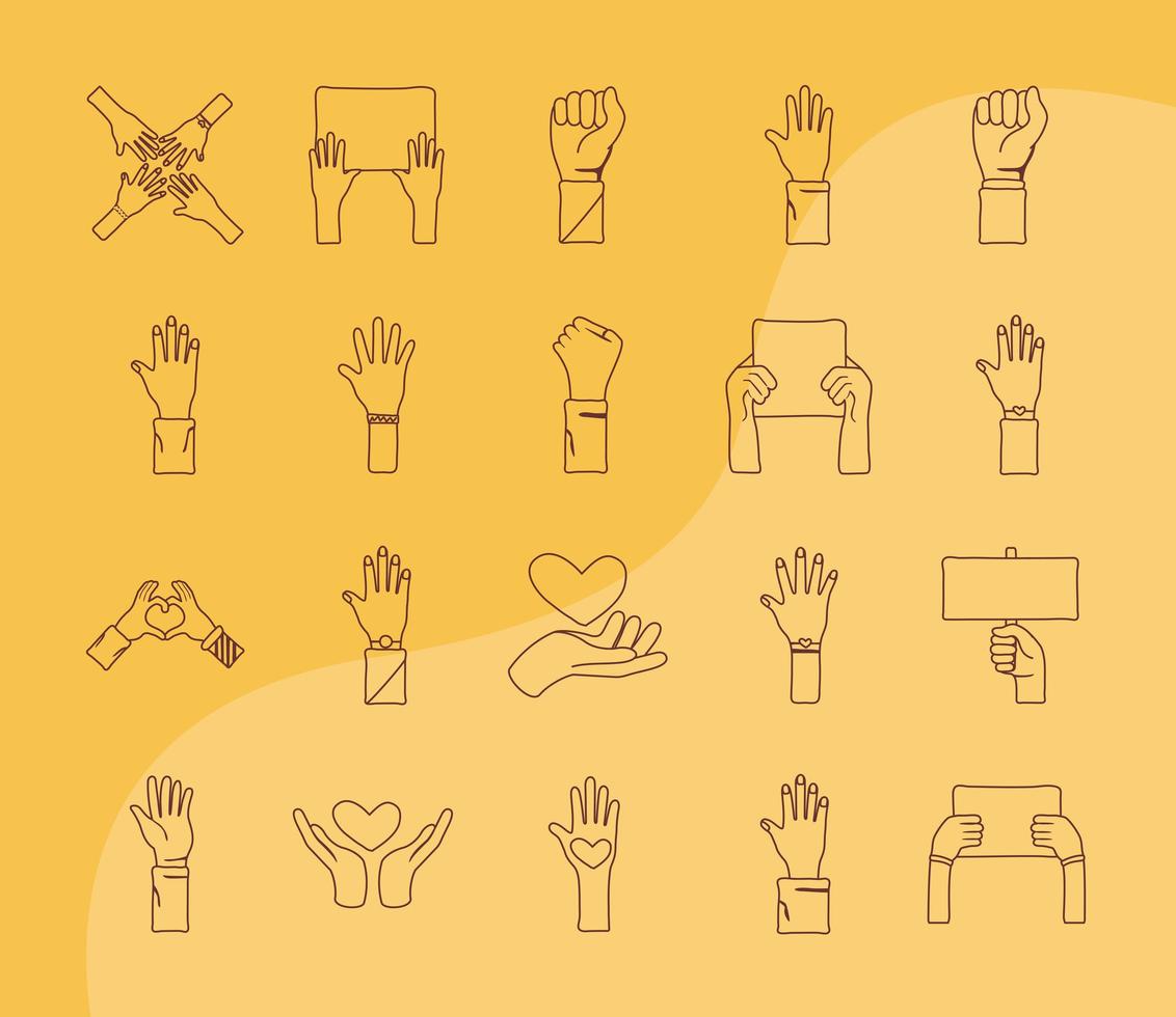 bundle of twenty hands protest set icons vector