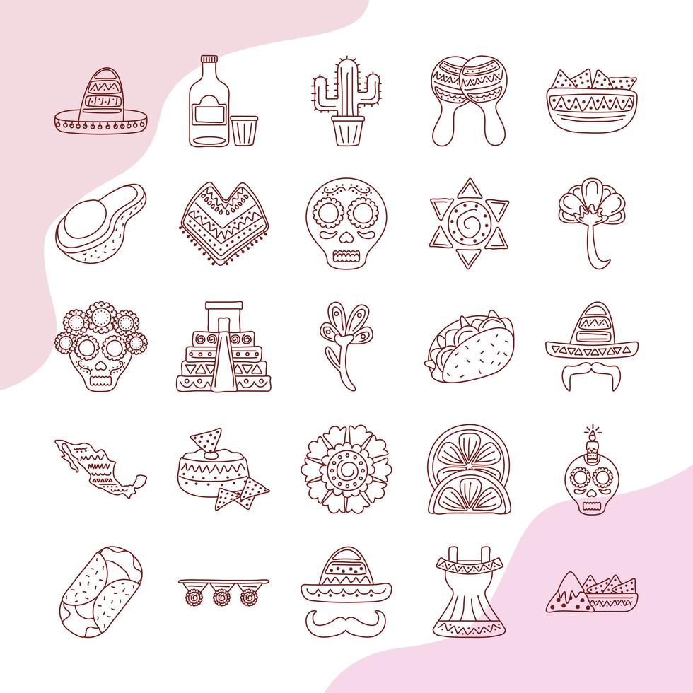 bundle of twenty five mexican ethnicity set collection icons vector