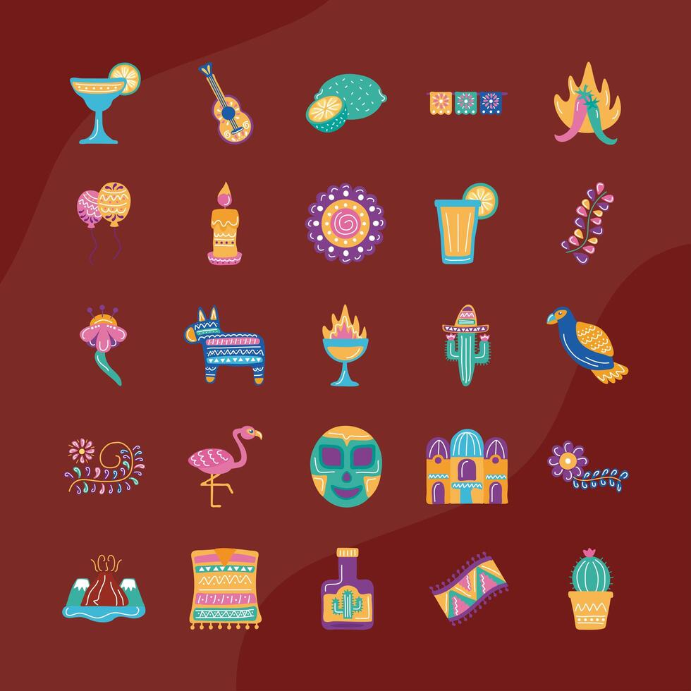 bundle of twenty five mexican ethnicity set icons vector