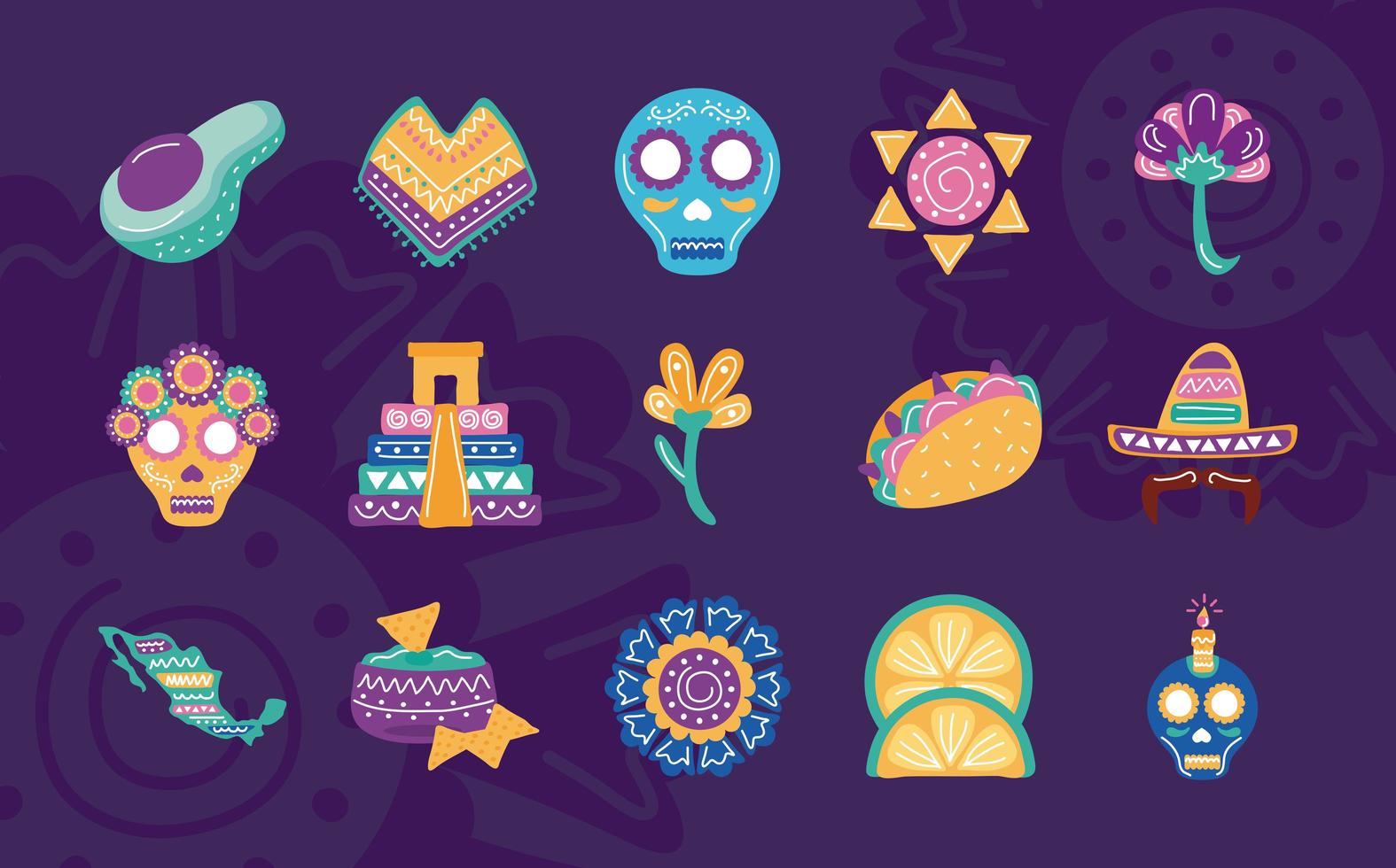 paquete de quince iconos de conjunto de etnia mexicana vector