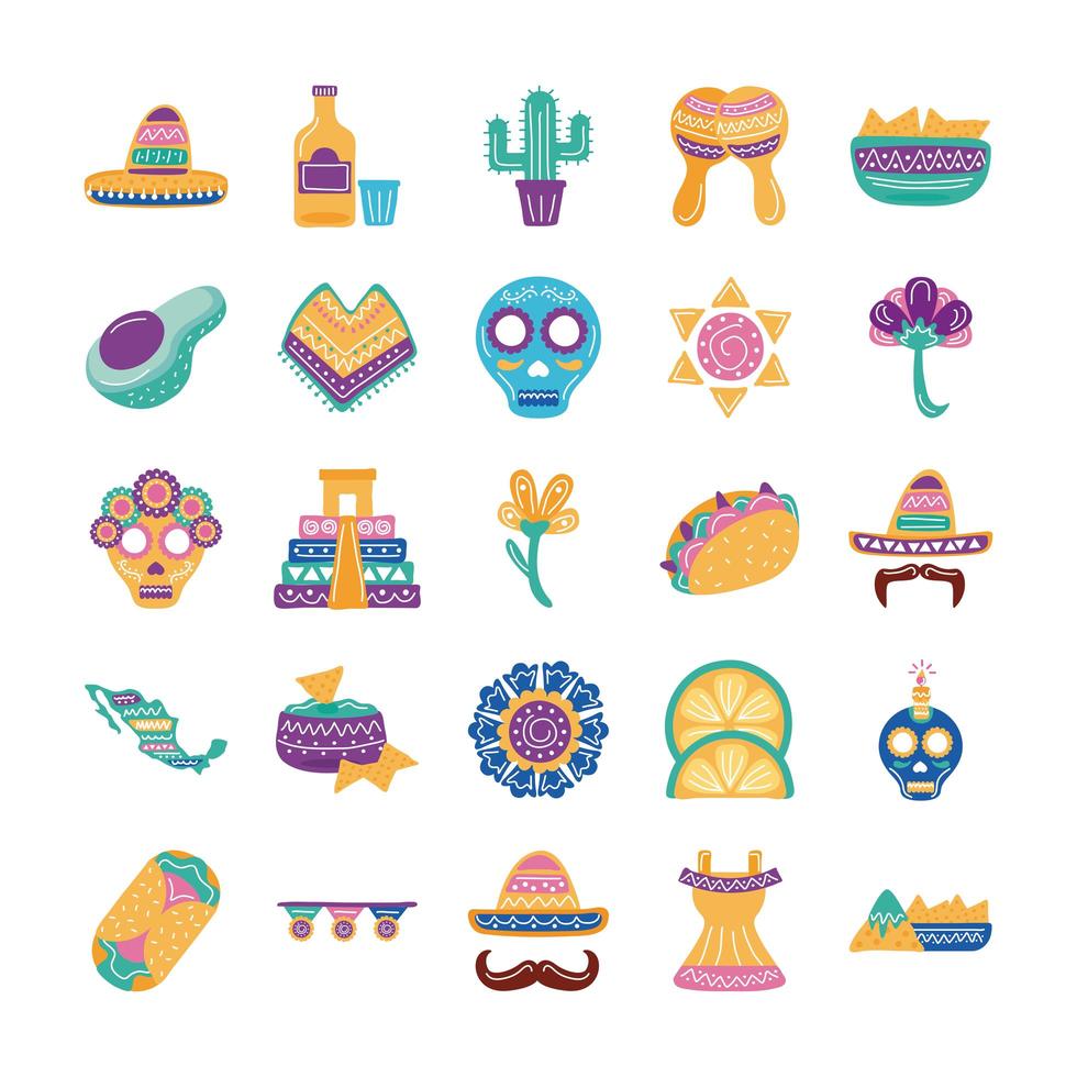 Paquete de veinticinco iconos de colección de conjunto de etnia mexicana vector