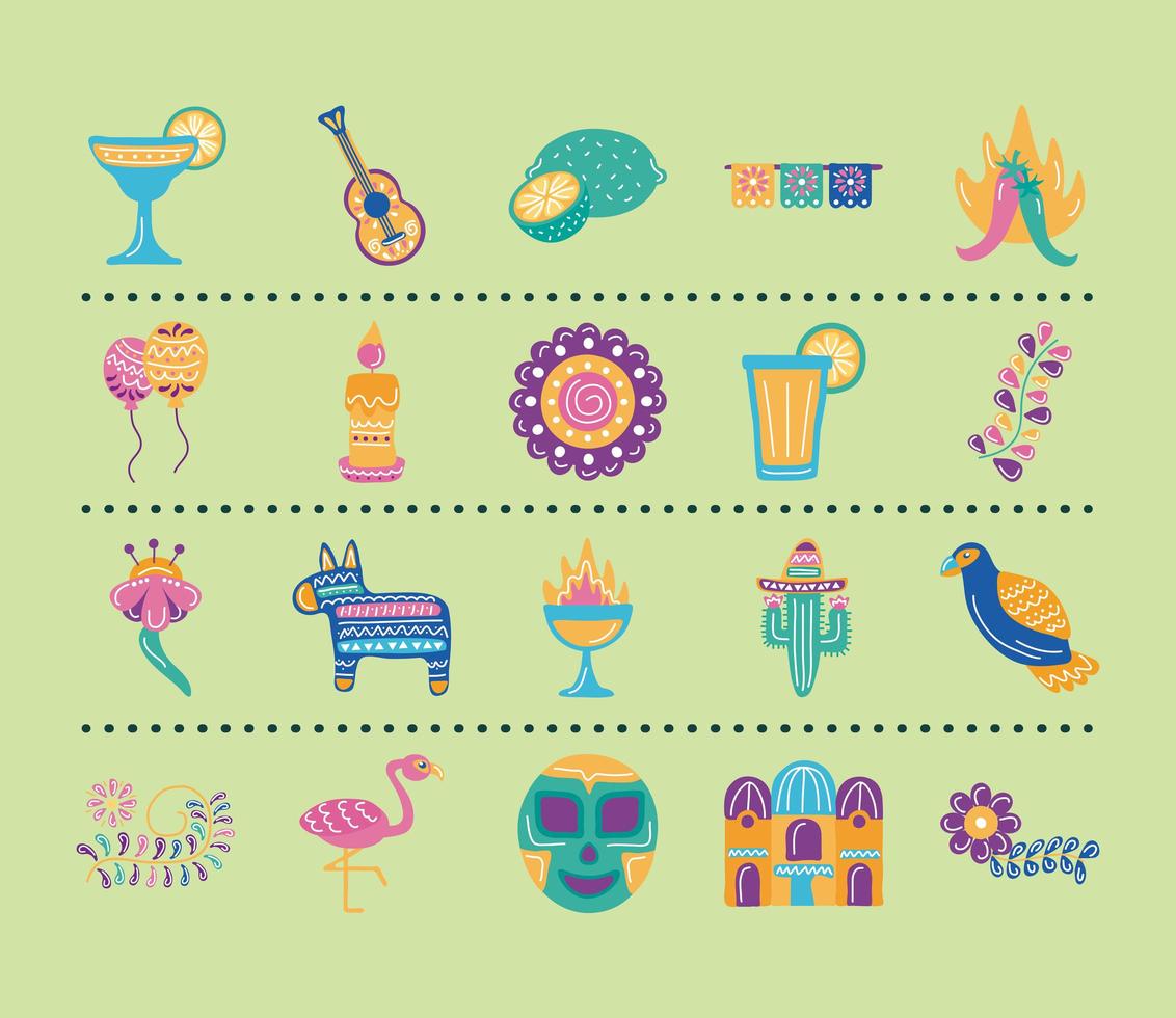 Paquete de veinte iconos de colección de conjunto de etnia mexicana vector