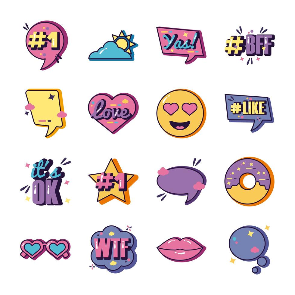 bundle of sixteen slang set collection icons vector