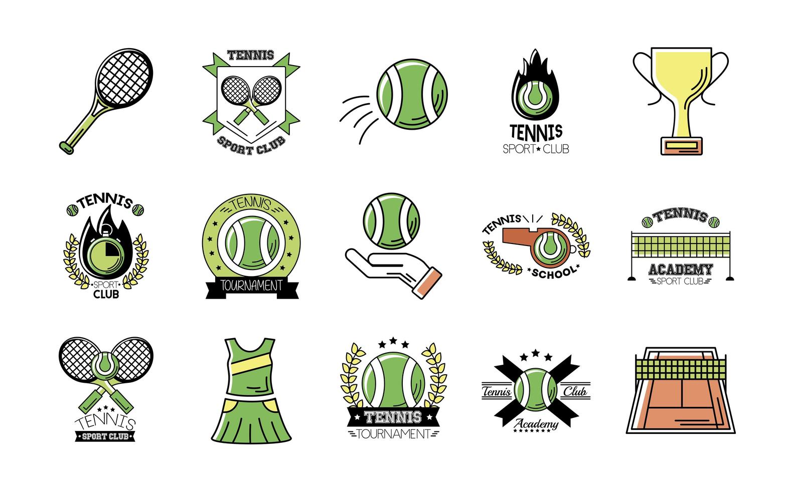 Paquete de quince iconos deportivos de tenis vector