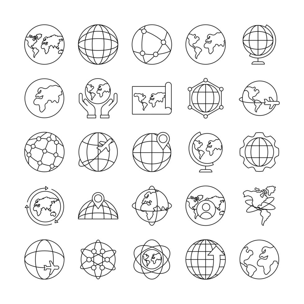 Paquete de veinticinco iconos de colección de conjunto de planeta mundial vector