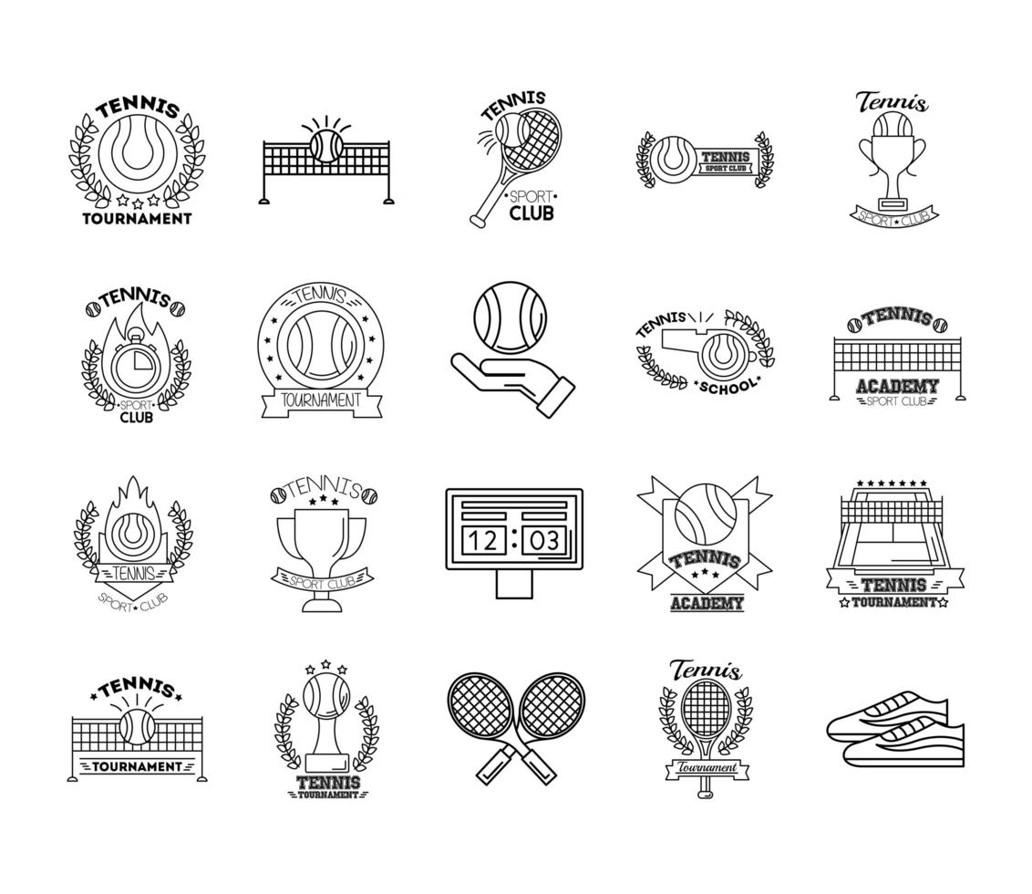 Paquete de veinte iconos de colección de set de tenis deportivo vector