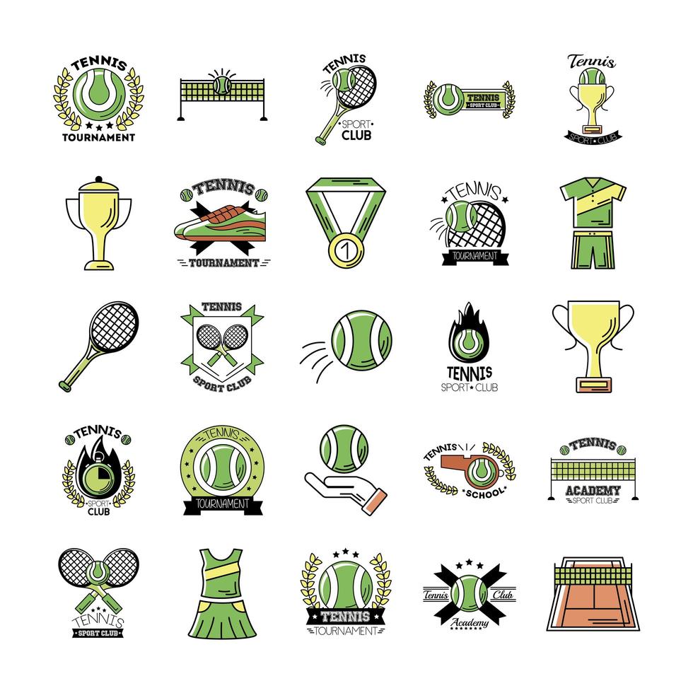 paquete de veinticinco iconos deportivos de tenis vector
