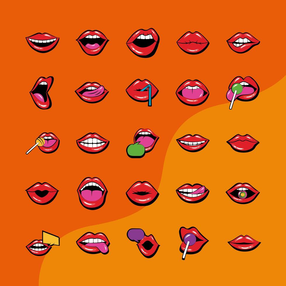 Paquete de veinticinco bocas y labios establecer iconos en fondo naranja vector