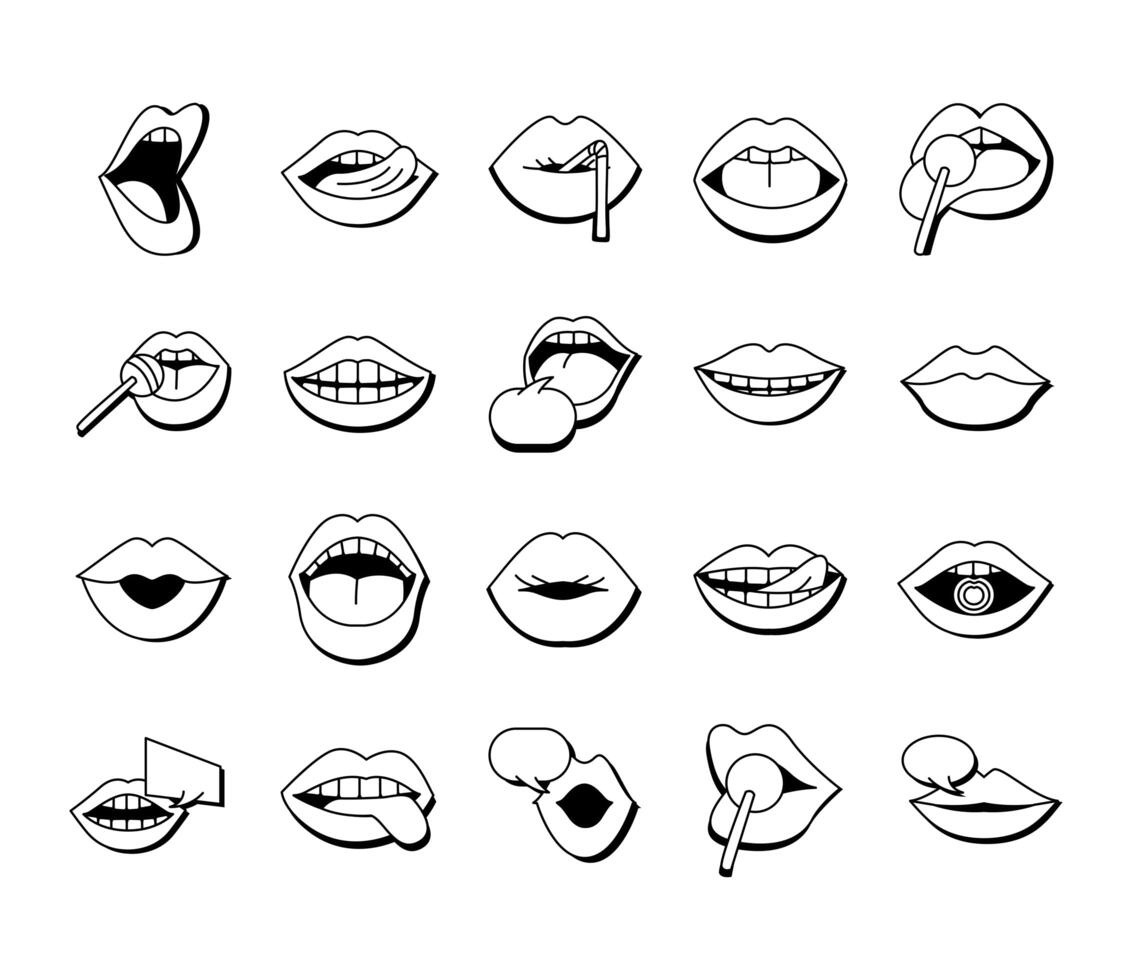 bundle of twenty mouths and lips set icons in blue background vector