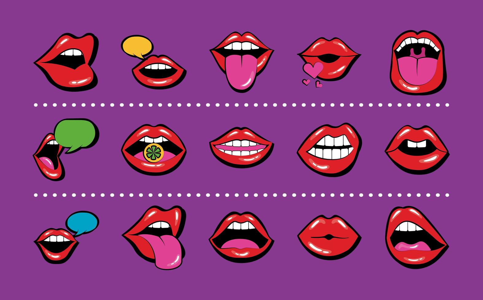 bundle of fifteen mouths and lips set icons vector