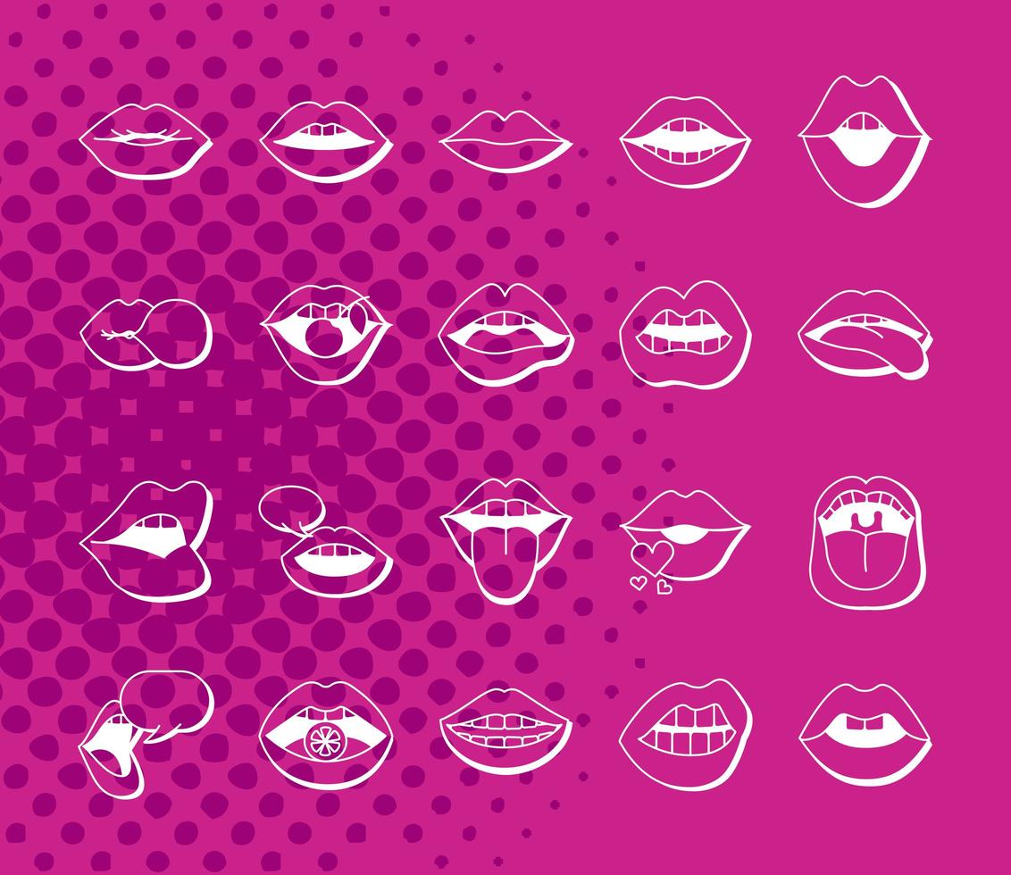 bundle of twenty mouths and lips set icons vector