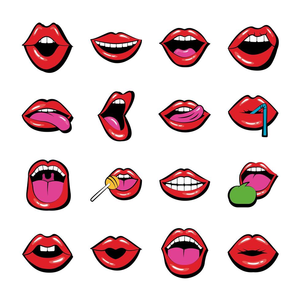 paquete de dieciséis bocas y labios establecer iconos vector