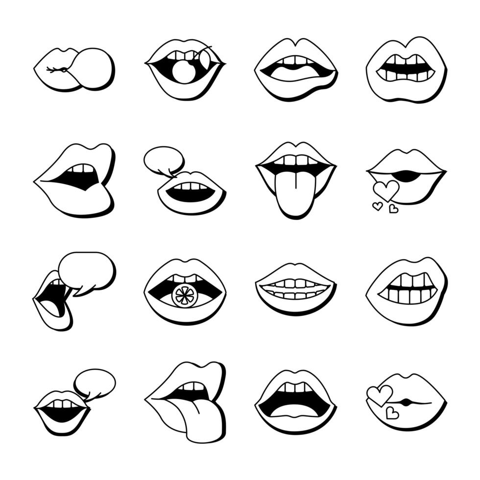 bundle of sixteen mouths and lips set icons in yellow background vector