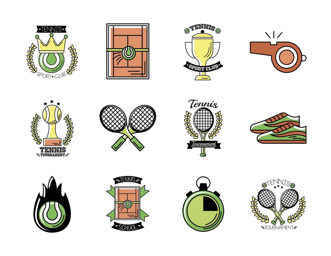 Paquete de doce iconos de set de tenis deportivo vector