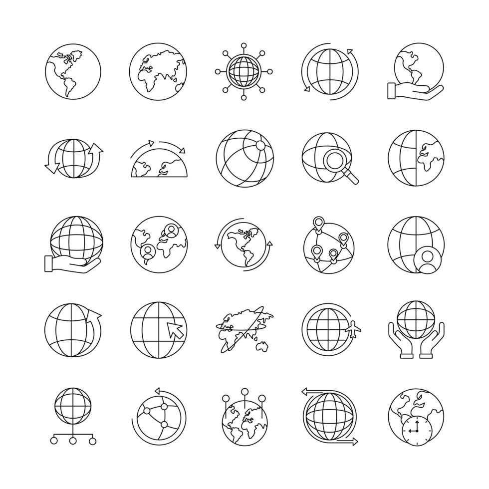 paquete de veinticinco iconos de conjunto de planetas mundiales vector