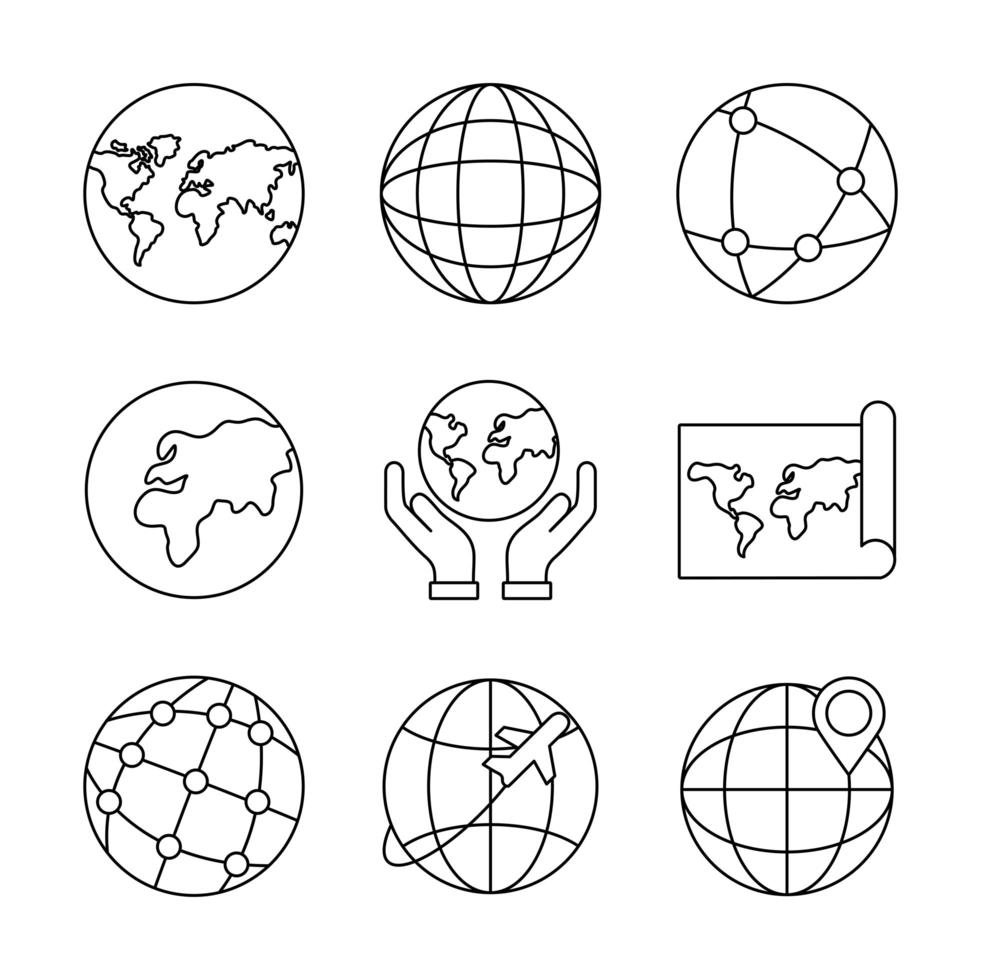 paquete de nueve iconos de conjunto de planetas mundiales vector