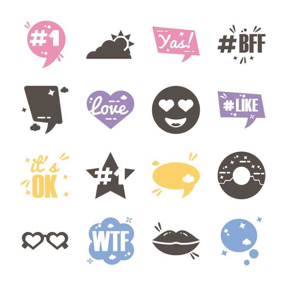 bundle of sixteen slang set collection icons vector