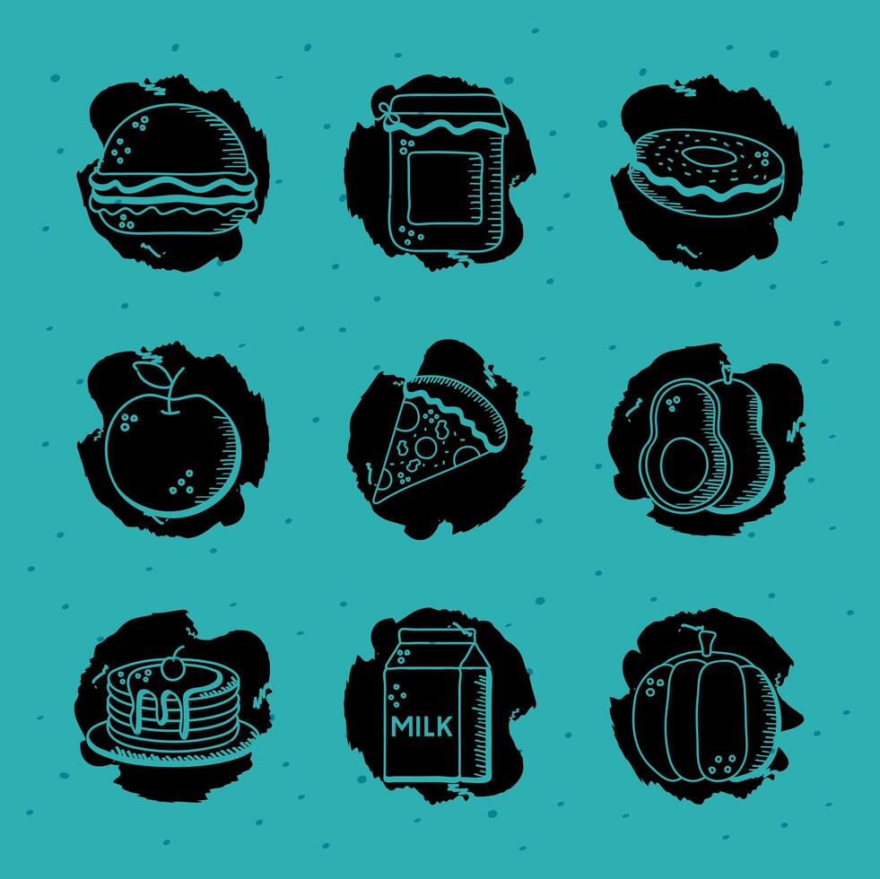 Food hand draw and block style icon set vector design