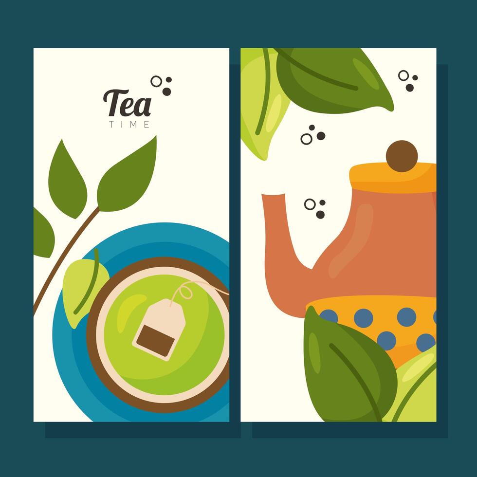 tea kettle and cup with leaves vector design