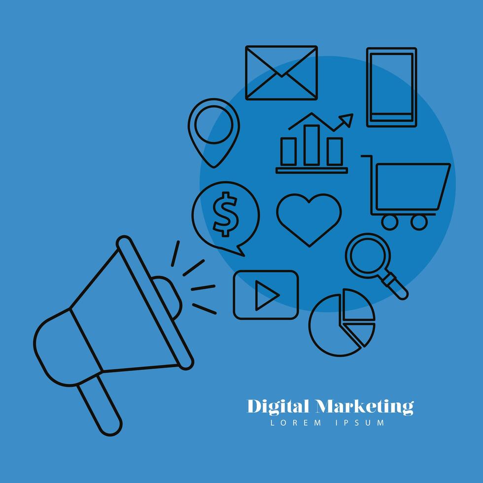 Digital marketing megaphone and line style icon set vector design