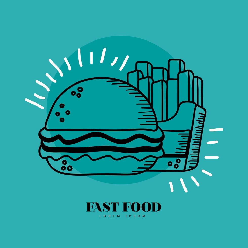 hamburger and french fries hand draw and line style icon vector design