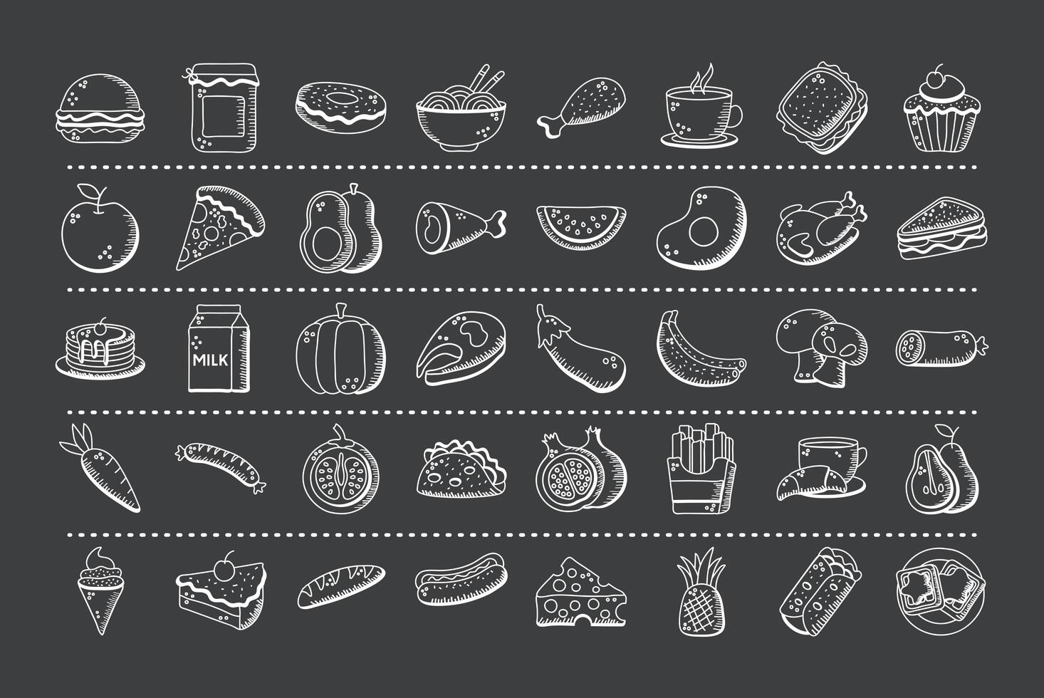 diseño de vector de paquete de icono de estilo de línea y dibujo de mano de comida