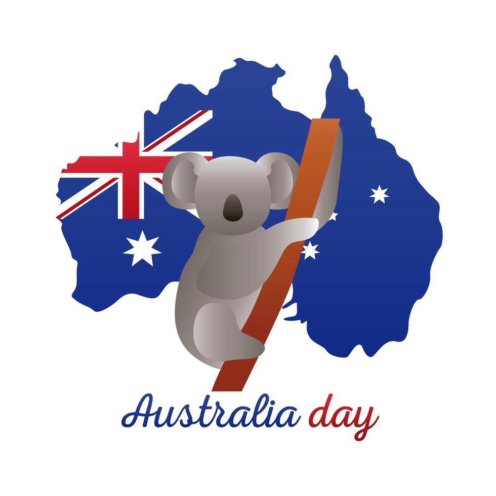 feliz día de australia letras con decoración de koala y mapa vector