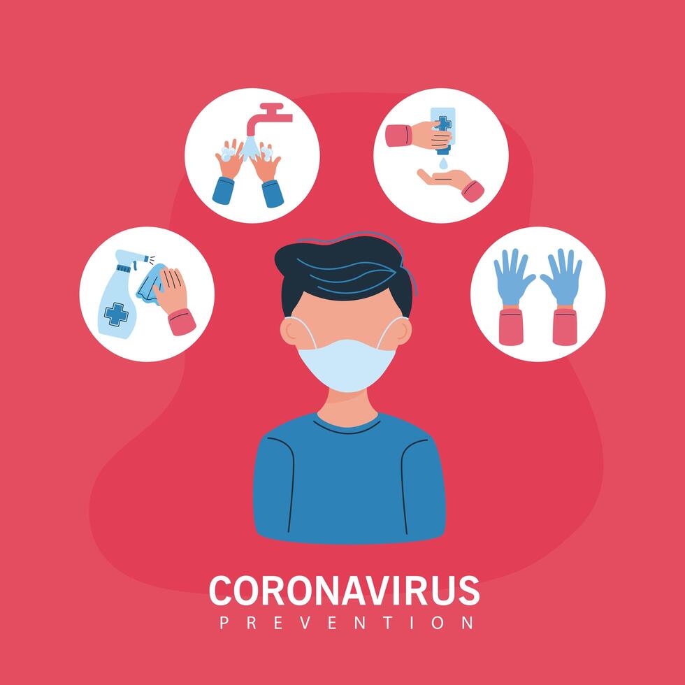 man using medical mask and icons of covid19 prevention vector