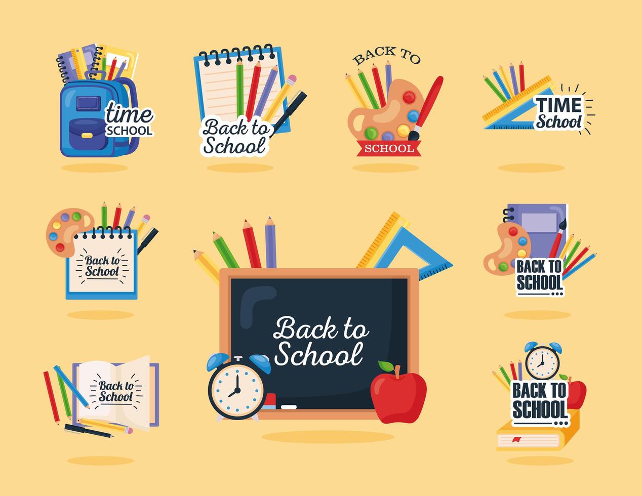 back to school set icons on yellow background vector