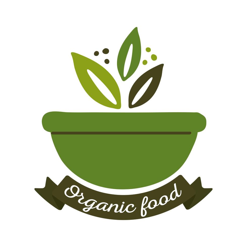 organic food label with bowl and leaves on white background vector