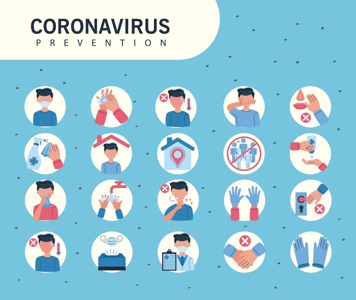 Iconos informativos de la prevención de covid19 sobre fondo azul. vector