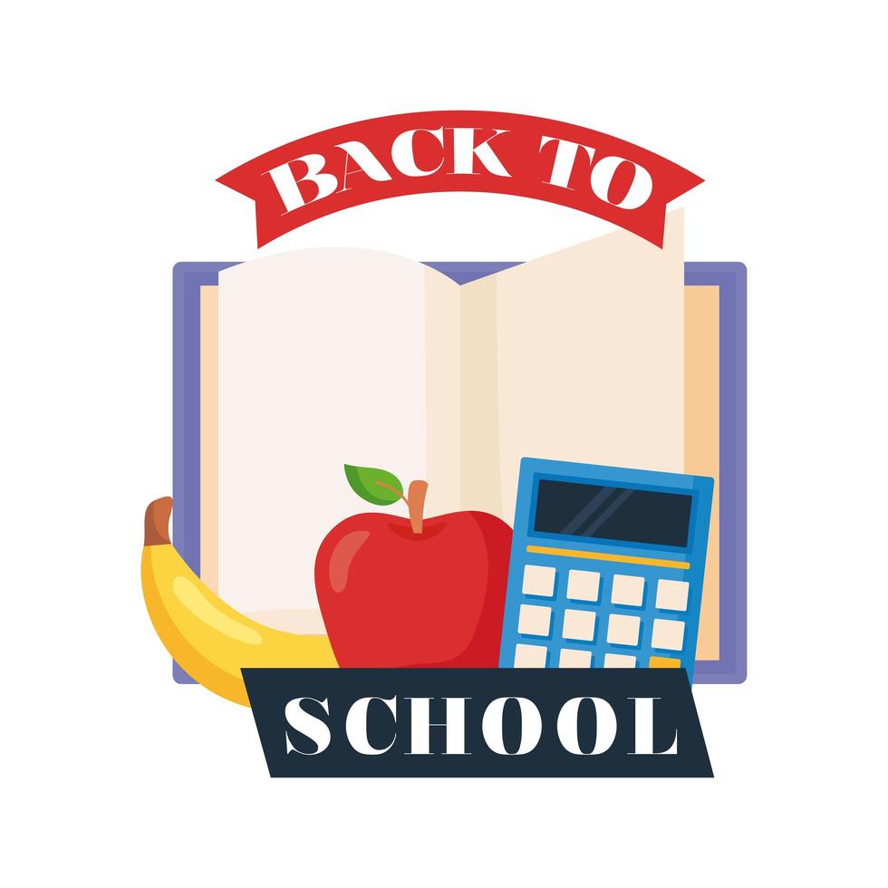 back to school lettering with book open and school supplies vector