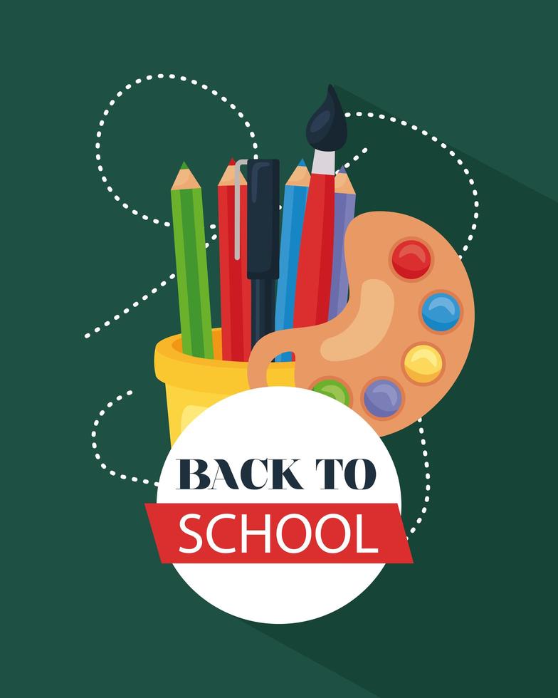 back to school poster with paint palette pencils and paintbrush vector