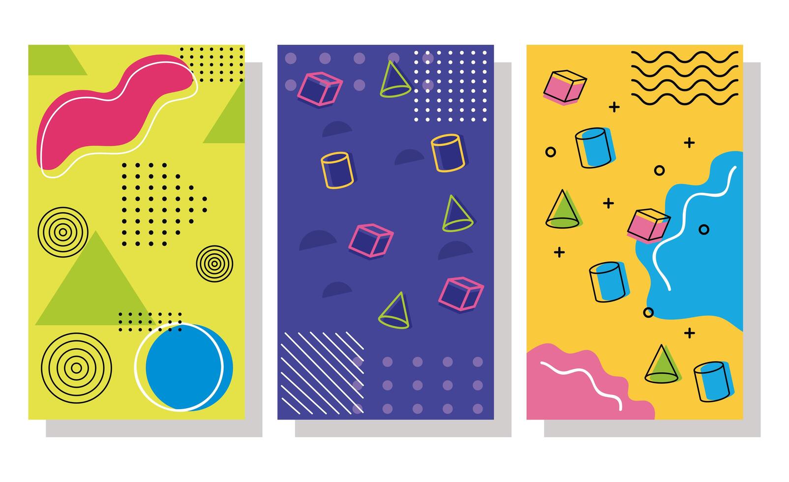 three backgrounds memphis style and geometric shapes vector