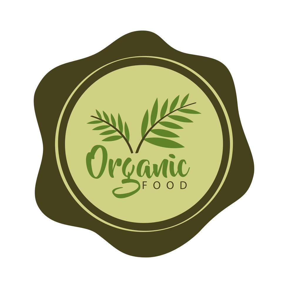 organic food label with branches and leaves on white background vector