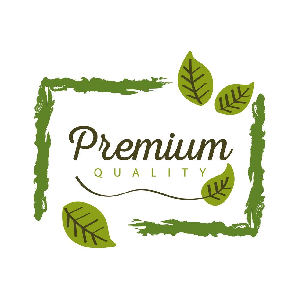 premium quality food label with leaves on white background vector