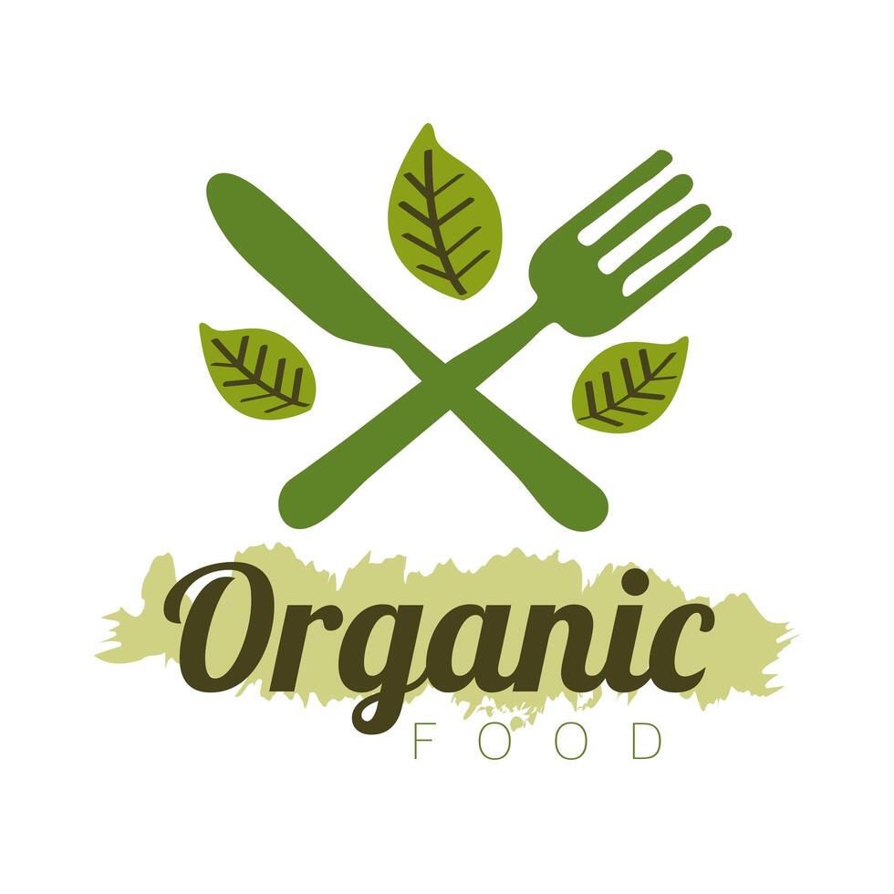 organic food label with fork and knife and leaves on white background vector