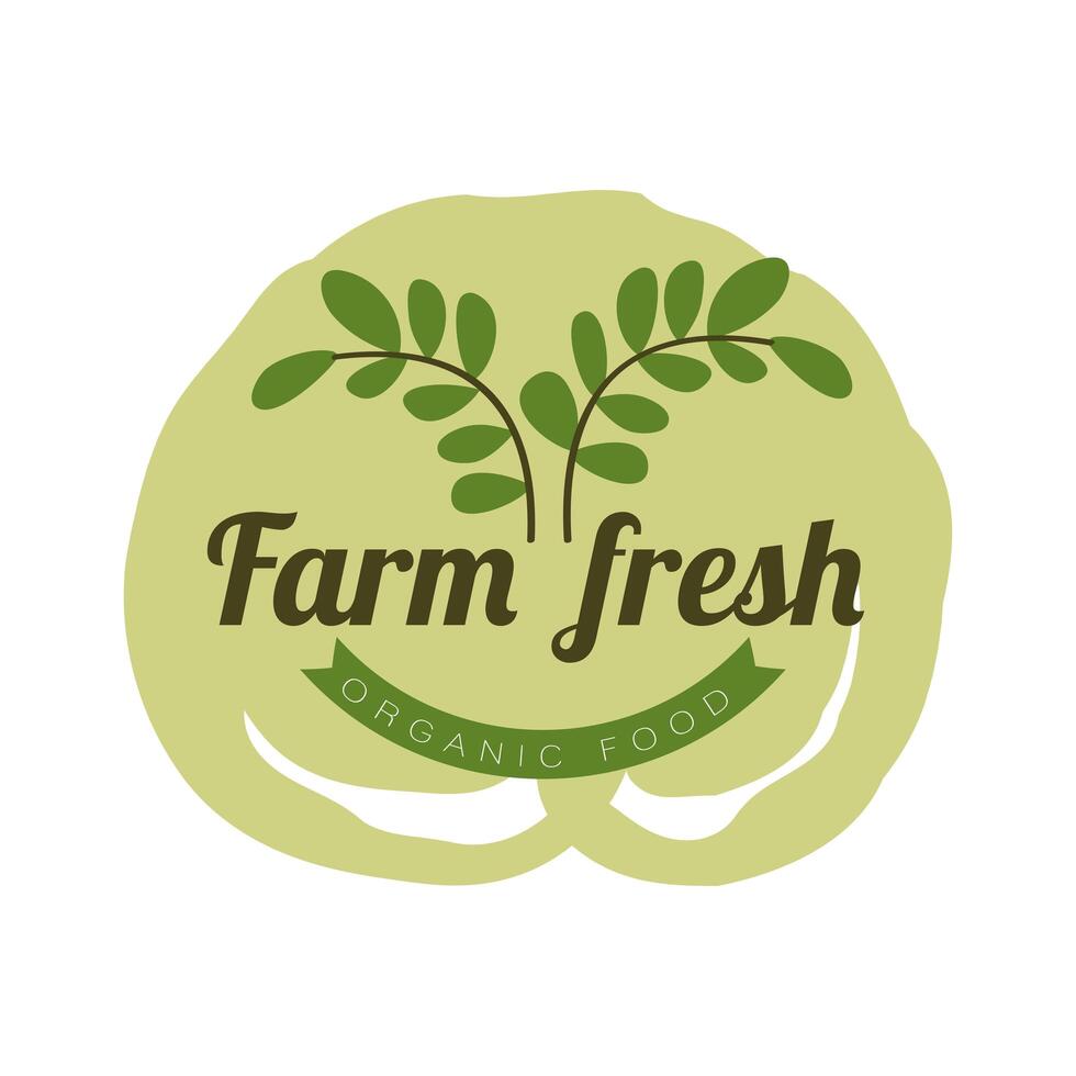 farm fresh organic food label with branches and leaves on white background vector