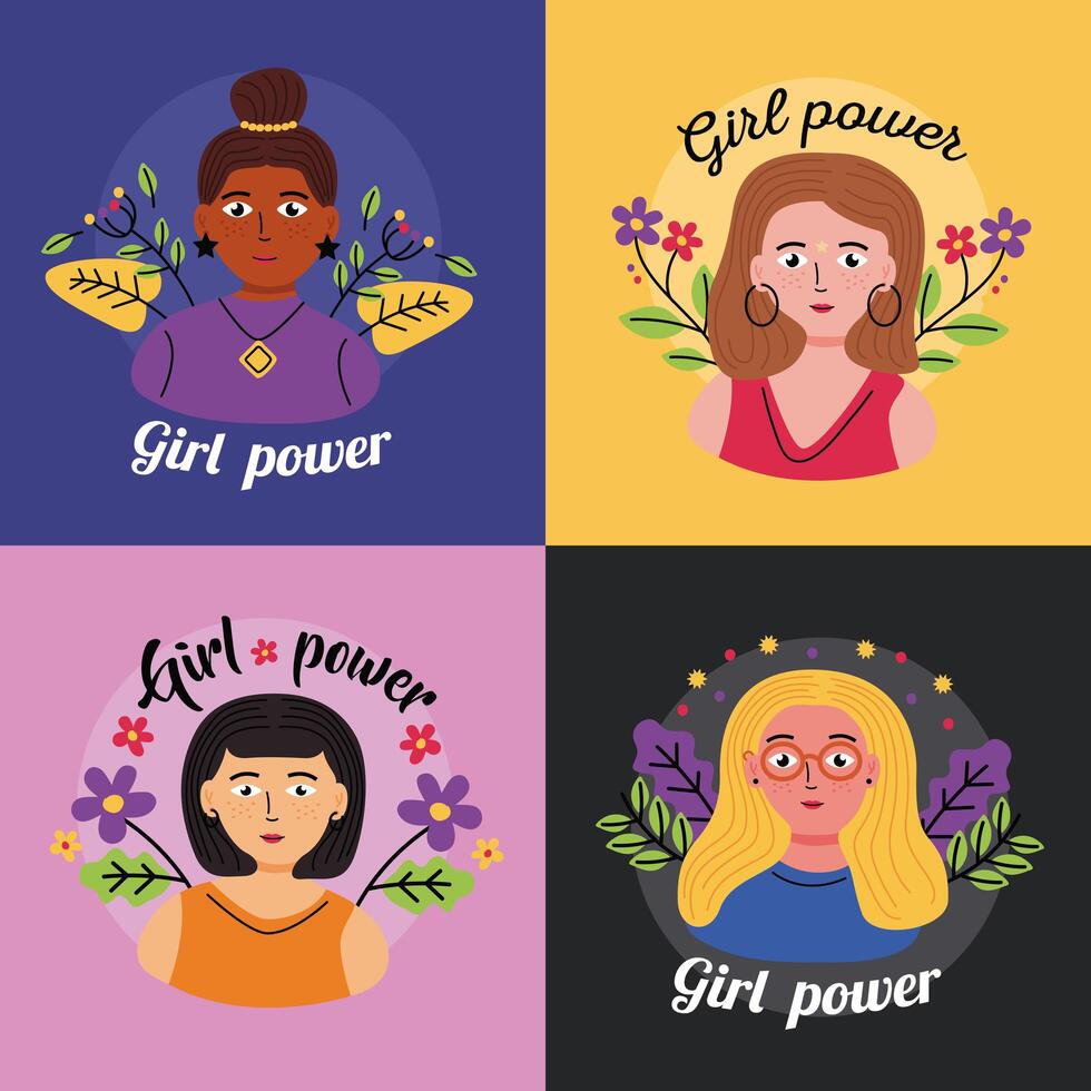 Girl power women cartoons set vector design