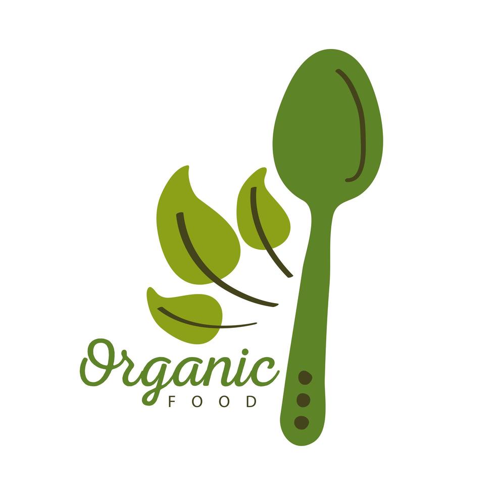 organic food label with spoon and leaves on white background vector